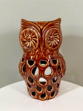 Pier 1 Brown Glazed Ceramic Owl Oil Warmer Candle Holder Votive Lantern